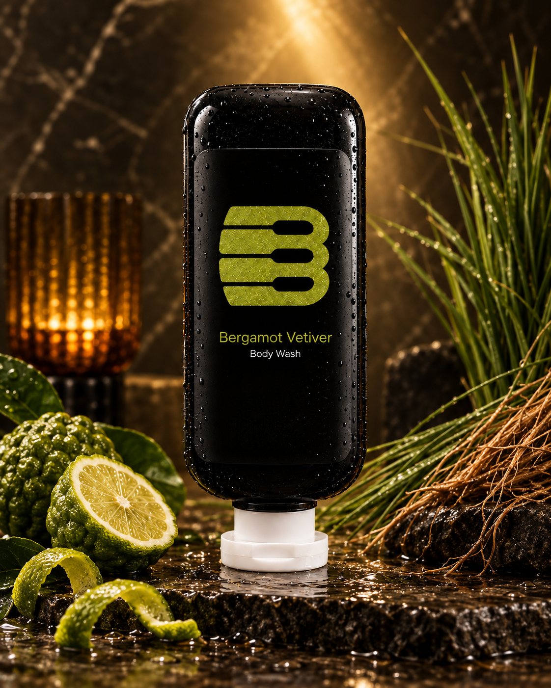 Bergamot Vetiver Body Barrel body wash concept front