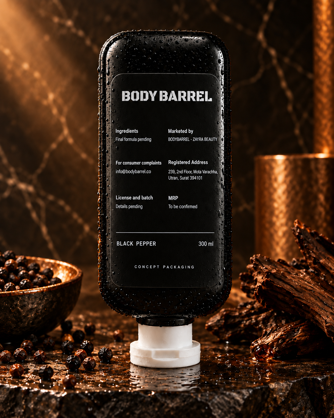 Black Pepper body wash concept back label