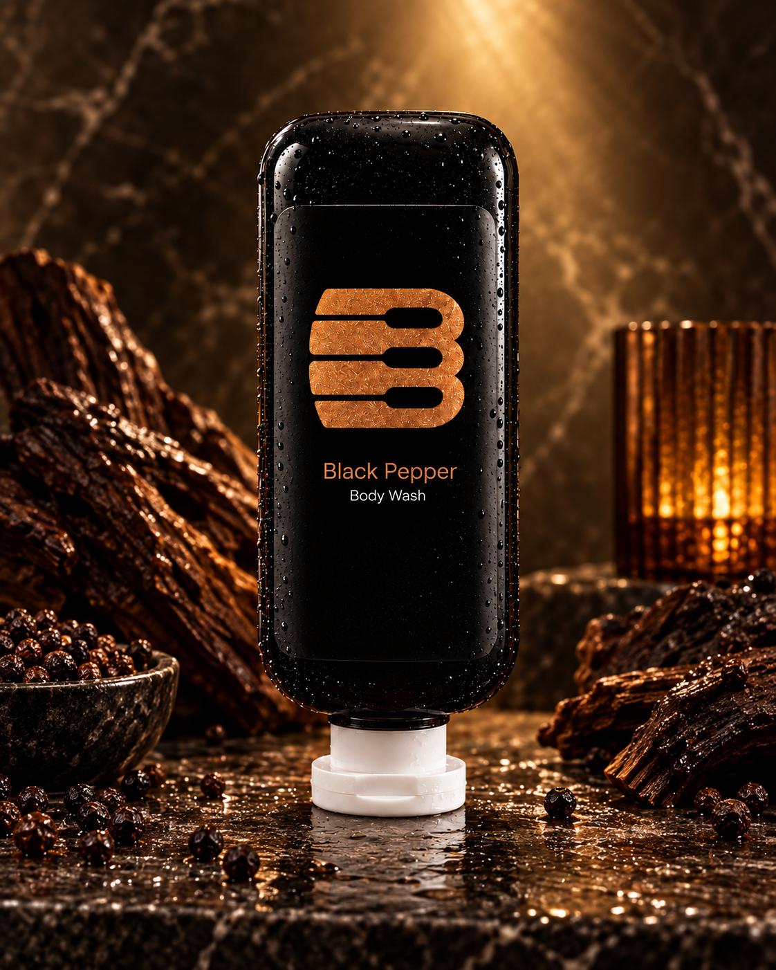 Black Pepper Body Barrel body wash concept front