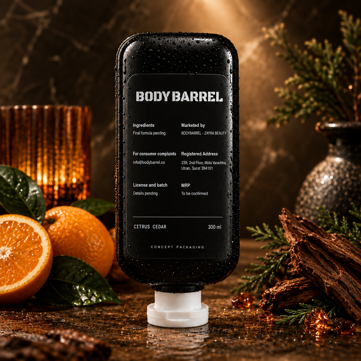 Citrus Cedar body wash concept back label with pending product details